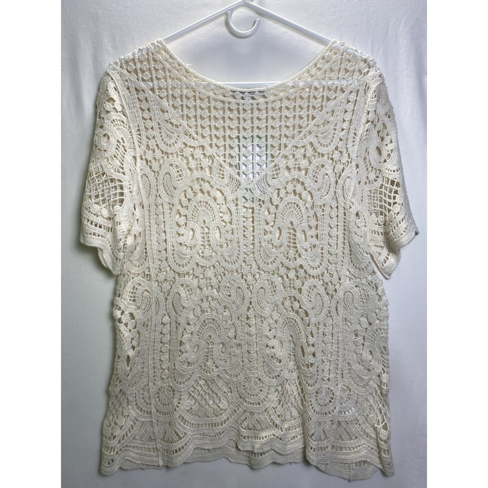 NWT Keren Hart Womens Ivory Floral Lace Short Sleeve Lined Blouse Top Size L NWT